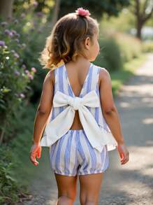 SHEIN Baby Girl Casual Comfortable Round Neck Sleeveless Ruffle Hem Bow Decor Back Top & Shorts Set - Multicolor - View 1