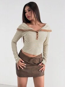 Aidyla Striped Knit Collared Long Sleeve Off-Shoulder Henley T-Shirt Tops With Minimalist Design Fall Clothes For Women - Khaki - View 2