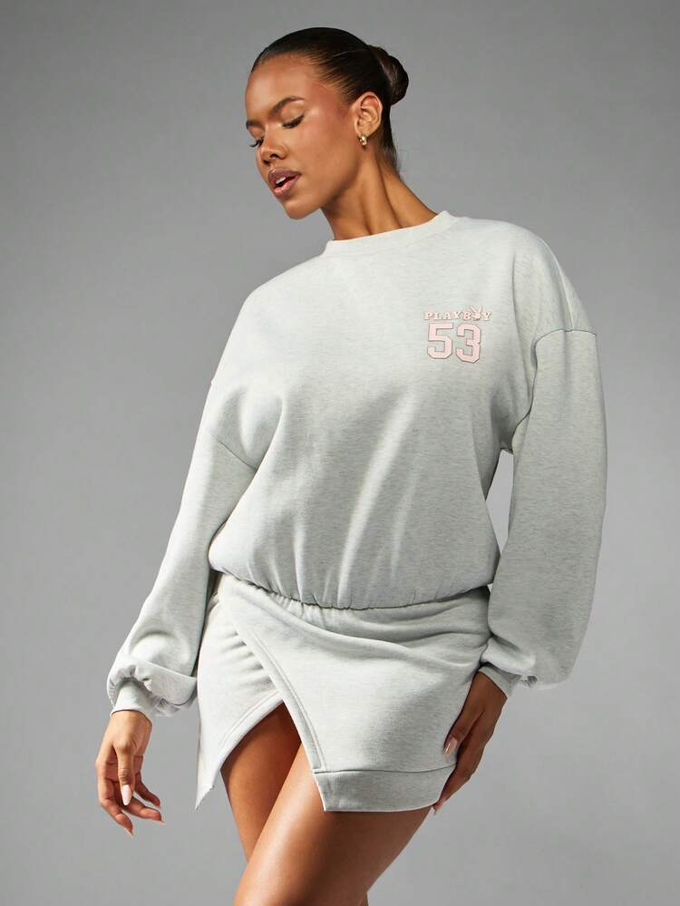 Missguided x Playboy Oversized Velour Sweater Mini Dress Long Sleeve Winter Fall Casual Loungewear Balloon Sleeve Split Hem Cozy Elastic Waist Fashion Statement Holiday