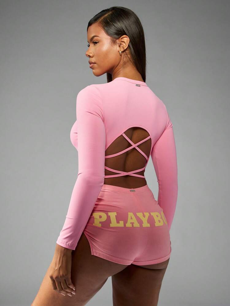 Missguided x Playboy クロスバックデザインのロングスリーブクロップトップ