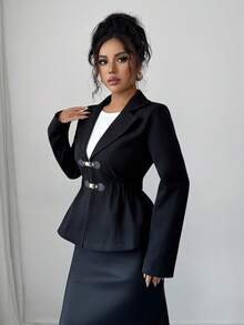 SHEIN LUNE Black Lapel Collar Long Sleeve Button-Up Formal Overcoats For Women Fall Winter Cloth For Women - Black - View 5