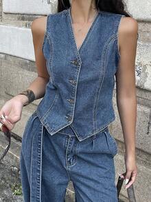 DAZY 女士休闲牛仔背心和裤子套装 - 藍色 - 查看 5