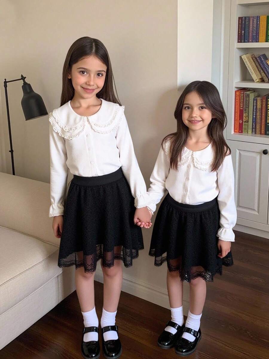 Elladie kids 女孩甜美蕾丝边泡泡袖衬衫 - 白色 - 查看 1