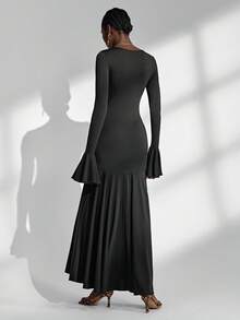Almamuse Black Elegant Dress, Square Neck Fishtail Hem Design, Fitted Silhouette, Fashionable & Versatile, Women Long Dress, Autumn/Spring - Black - View 5