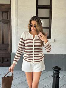 Pariaura Suéter holgado de punto a rayas, chaqueta de punto de estilo retro francés de calle para mujer, otoño/invierno - Caqui - Ver 5