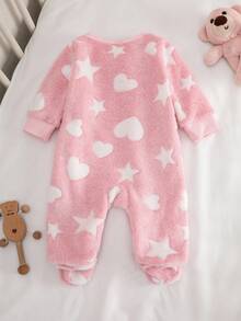 رومبير نوم وبيجامة للأطفال حديثي الولادة مريحة وكاجوال يومية، مطبوعة بنجوم وقلوب باللونين الوردي والأبيض - متعدد الألوان - مشاهدة 2