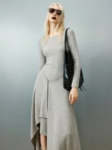 Airlisse Black & White Striped Asymmetrical Hem Dress Fall Cloth For Women - Grey - View 5