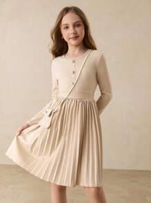 Girls' Casual Minimalist Daily Round Neck Raglan Long Sleeve Mid-Length Solid Color Pleated Dress With Pearl Buttons, Khaki, Suitable For Halloween, Christmas, Autumn/Winter. Paired With Crossbody Bag And Slip Dress For Party Fall - Khaki - View 7