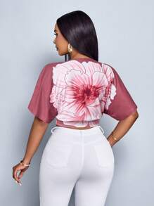 SOLERSUN 女士优雅热带印花褶皱镂空修身金属环扣小众设计短袖外出T恤 - 粉色 - 查看 2