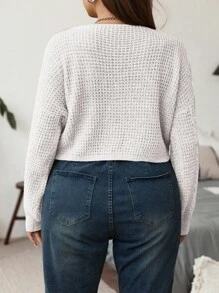 Vionelle Suéter holgado de manga larga con cordón, unicolor, talla grande, para otoño - Blanco - Ver 2