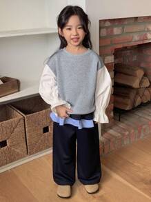 DAZY 女童撞色韩版休闲花瓣袖圆领卫衣，春秋季 - 灰色 - 查看 3