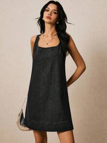 Poéselle 女士时尚露背无袖牛仔连衣裙，夏季 - 黑色 - 查看 3