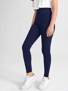 SHEIN Teen Girl Solid Color High Waist Leggings Fall Winter - Navy Blue - View 4