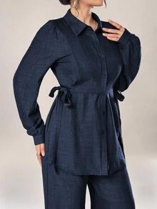 Graceveil Women 2pcs Set Front Button Long Sleeve Casual Blouse And Trousers 2 Pieces Set Modest - Navy Blue - View 3
