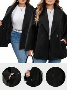 SHEIN CURVE+ Abrigo negro elegante con solapa para mujer de talla grande, de manga larga y versátil, adecuado para otoño/invierno - Negro - Ver 9