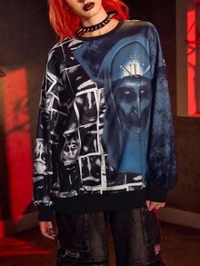 The Nun X SHEIN Figure Graphic Horror Movie Crew Neck Long Sleeve Sweatshirt