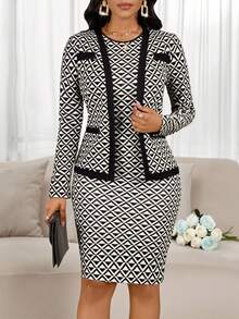 SHEIN Lady 2pcs Women's Elegant Geometric Print Jacket And Dress Set, Suitable For Commuting - Multicolor - View 5