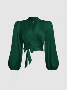 SHEIN MOD 大码女式绿色裹身领带蝴蝶结灯笼袖衬衫 - 墨綠色 - 查看 1