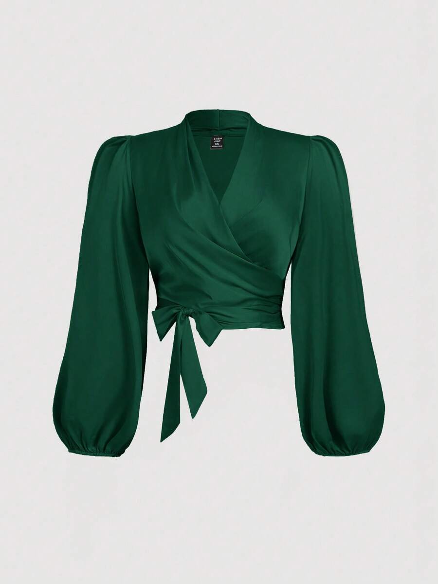 SHEIN MOD 大码女式绿色裹身领带蝴蝶结灯笼袖衬衫 - 墨綠色 - 查看 1