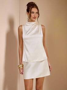 SHEIN BAE 纯色褶皱设计无袖吊带背心，优雅圆领背心，白色背心 - 白色 - 查看 4