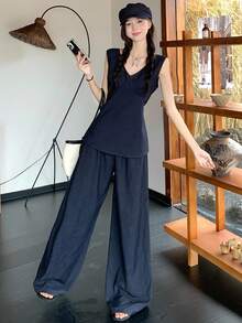 DAZY Women's V-Neck Korean Style Casual Sleeveless Shirt & Wide Leg Jeans 2 Pieces Set