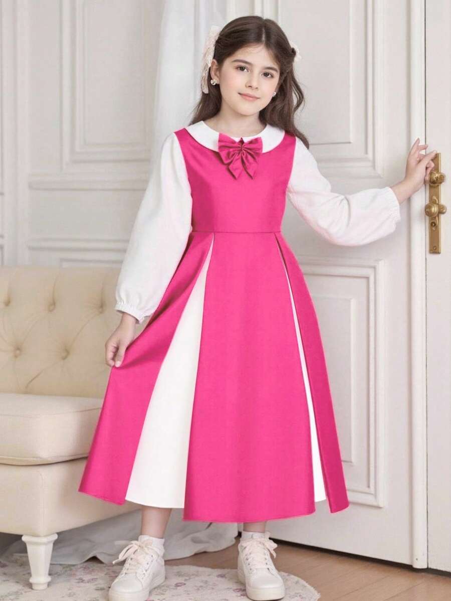 青少年女孩返校优雅甜美3D蝴蝶结领子拼色长袖长裙 - 玫紅色 - 查看 1