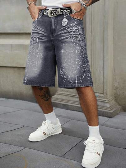 Street Life Pantalones cortos de mezclilla con aplicaciones de rhinestones, corte holgado para hombre