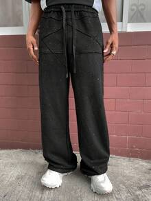 PAVTROS Manfinity Streetrush Men's Suede Fleece Straight-Leg Sweatpants,Glitter Accents Black Baggy Grunge Sweats Streetwear,Winter,Black And White,City Break - Black - View 5