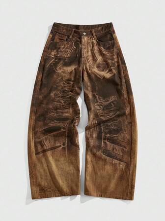 Grunge Punk Men's Casual Printed Denim Jeans