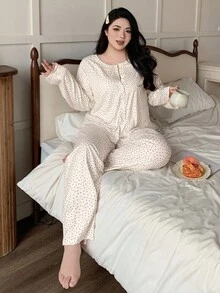 Dazy Plus 大码三件套碎花吊带背心+优雅长裤+纽扣门襟上衣睡衣套装，秋冬服装，舒适套装 - 白色 - 查看 6