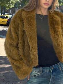 SHEIN EZwear 女士时尚休闲卡其色仿皮草夹克，秋冬 - 卡其色 - 查看 7