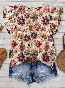 EMERY ROSE Plus Size Women Casual Elegant Floral Pattern Shirt, Suitable For Summer Chic Blouses For Women - Apricot - View 2