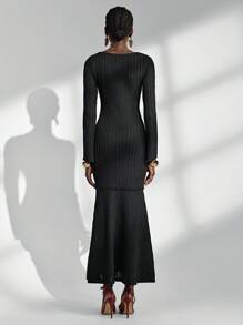 Almamuse Women's Long Bodycon Dress, Square Neck, Flare Sleeve, Black Knit Dress Fall Cloth For Women - Black - View 2