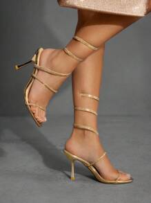 CUCCOO SZL 女士新款性感蛇纹闪亮水钻装饰金色高跟鞋，细高跟凉鞋，适合晚会、约会 - 金色 - 查看 10