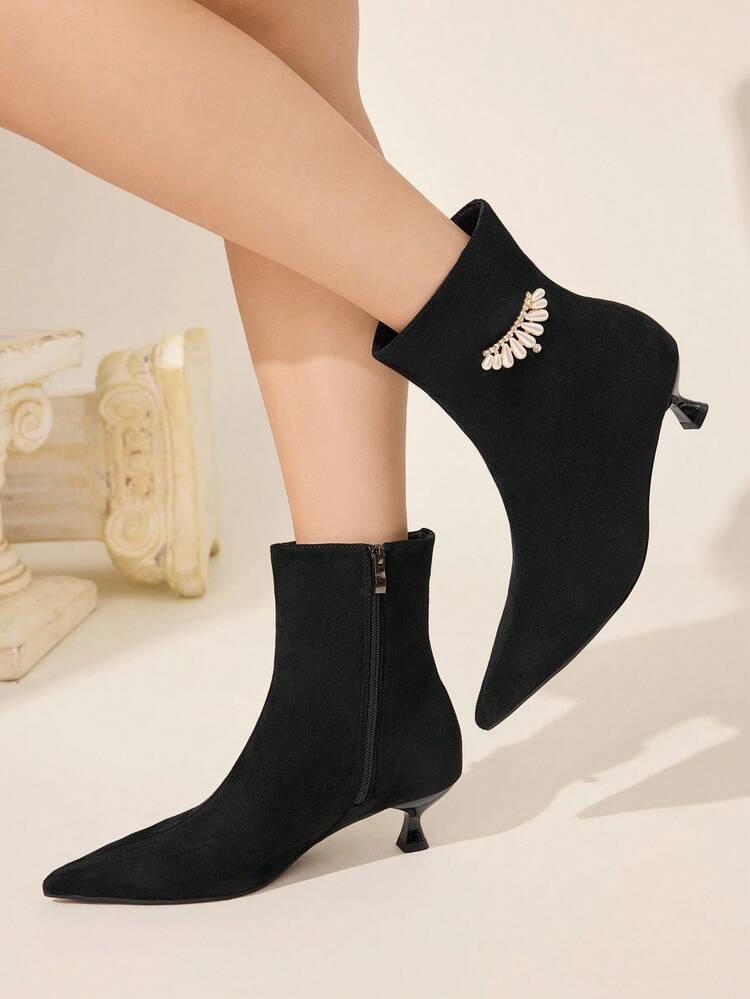 CUCCOO CHICEST Women's Fashion Kitten Heel All-Match Style Versatile Striped Metal Decor Zipper Knee-High Boots