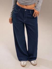 SHEIN Forever 21 Quần Jeans Denim Ống Thẳng Cạp Thấp Họa Tiết Sọc Jacquard Độc Đáo Thường Ngày Đa Năng Màu Tối Màu Thu/Đông - Rửa tối - Xem 7