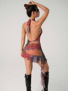 SHEIN ICON Women's Western Boho Floral Print Deep V-Neck Ruffle Hem Sexy Halter Mini Dress, Vacation Bikini Dress Paisley Print Dress - Multicolor - View 2