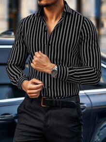 Manfinity Homme 男士单排扣条纹休闲日常衬衫，适合秋季穿着，复古风格，长袖上衣 - 灰色 - 查看 3