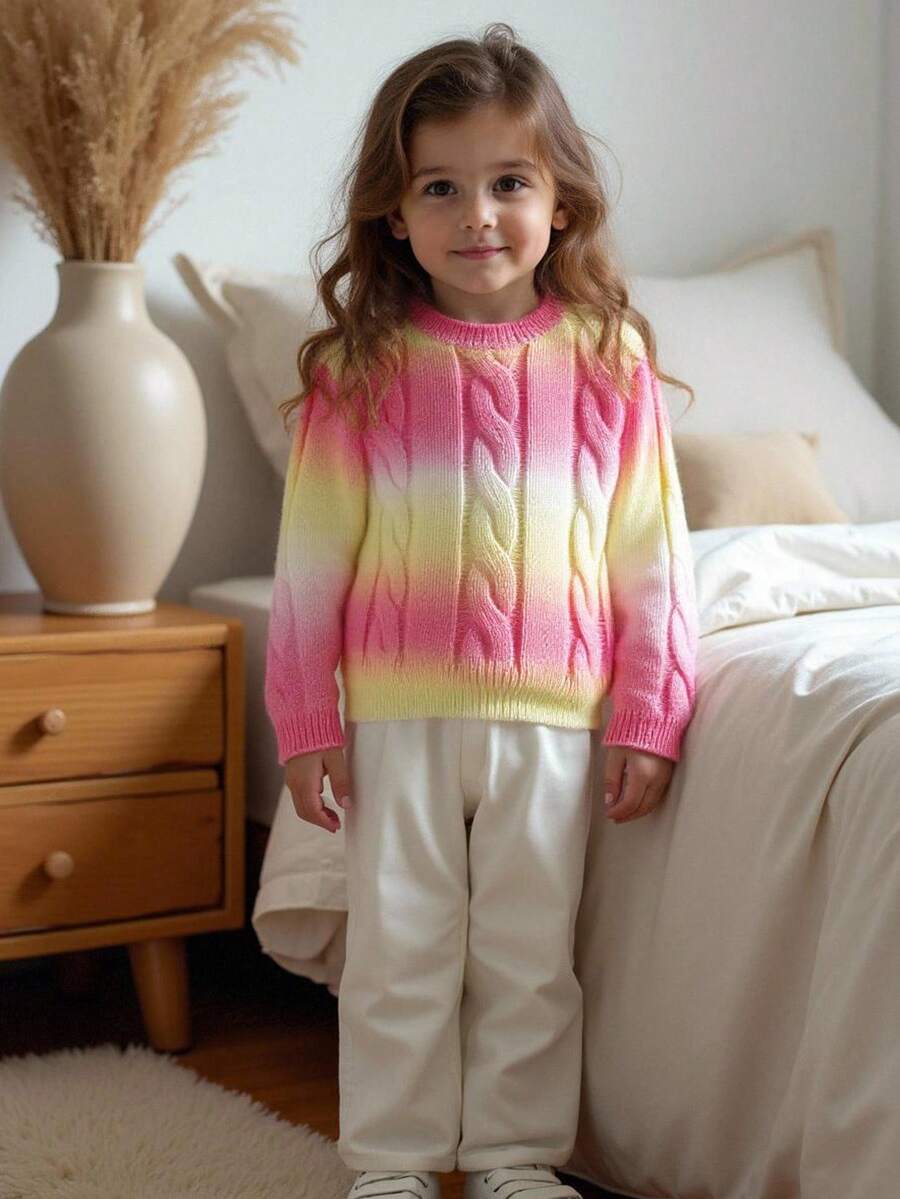 SHEIN Young Girls' Fashion Casual Chic Cute Minimalist Versatile Elegant Colorful Gradient Long Sleeve Knit Sweater, Soft & Comfortable, Suitable For Daily, Outdoor, Travel, Holiday, Home, Daycare, Autumn/Winter, Christmas, Back To School, Party Wear - Multicolor - View 1