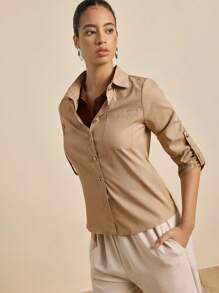 Airaco 1 件女式休闲纯色长袖衬衫（带袖口）、长袖上衣 - 卡其色 - 查看 3