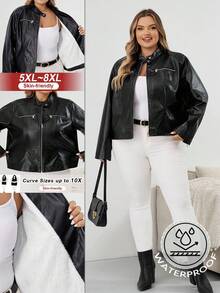 SHEIN CURVE+ 大码女式长袖 PU 皮革修身拉链夹克，带保暖衬里，大码女装 8xl 女装大码 8xl 皮夹克女式大码皮夹克冬季秋季秋冬 - 黑色 - 查看 6