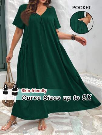 SHEIN CURVE+ Plusstorlekar, lös, casual damklänning med fickor, solklänningar för kvinnor, strandkläder för kvinnor/Strandklänning/Strandsemesterkläder/Strandessentials/Examen/Tebjudningsklänning, sommar-/lantliga/strandsemesterkläder/Strandkläder/Strandkläder