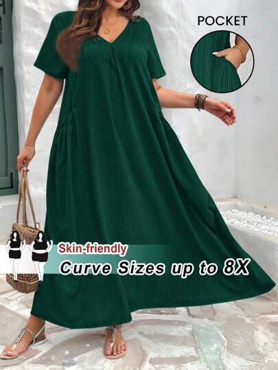 SHEIN CURVE+ Vestido holgado y casual de talla grande para mujer para primavera y verano con bolsillos, vestidos de sol para mujer, atuendos de playa para mujer/vestido de playa/atuendos de vacaciones en la playa/artículos esenciales de playa/graduación/vestido para té/verano/campo/atuendos de vacaciones en la playa/atuendos de playa/ropa de playa
