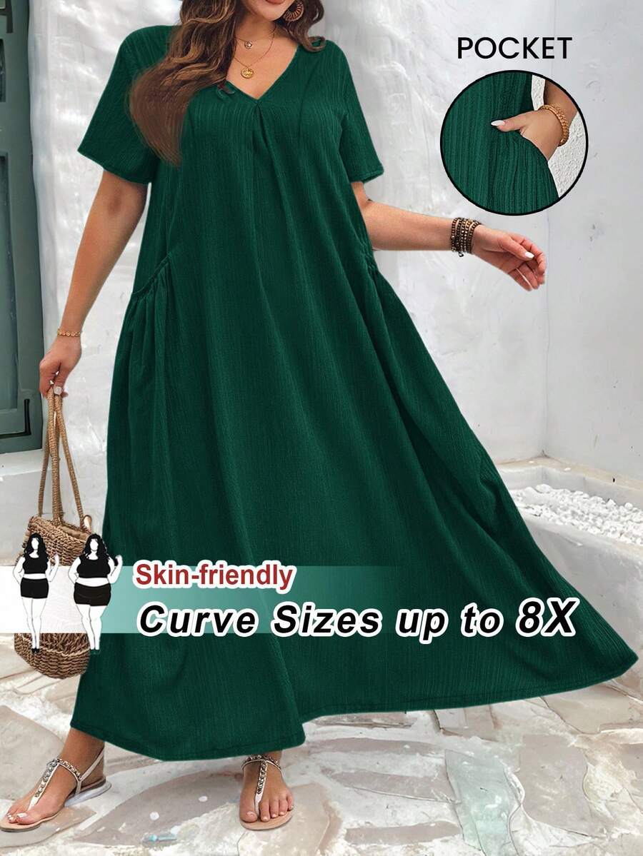 SHEIN CURVE+ 大码宽松休闲女式春夏连衣裙，带口袋，适合夏季穿着，可作沙滩装、沙滩裙、海滩度假装、海滩必备单品、毕业典礼装、下午茶会装、夏季乡村风、海滩度假装、沙滩装、沙滩服饰。 - 墨綠色 - 查看 1