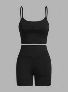 SHEIN Essnce Plus Size Women Summer Outfits For Women Beachwear Vacation Outfits Woman Easter Beach Outfits For Woman Workout Sets Women Business Casual Woman Gym Lounge Sets For Women Office Outfits For Women Rave Outfits Festival Cruise Attire Women Summer Shorts Joggers Vacation Two Pieces Set Teacher Graduation Outfit Minimalist Striped Shirt, Solid Color Camisole And Shorts Casual Set - Black - View 4