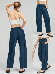 GLOWMODE Ribbed Drawstring Pockets Flowy Wide-Leg Pants Daily Casual Summer Cool Feeling - Navy Blue - View 6