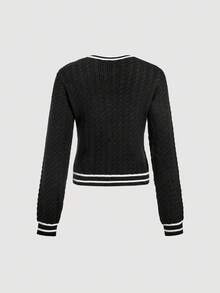 Skyraze Women's Round Neck Single-Breasted Pullover Sweater In Fall/Winter - Black - View 5