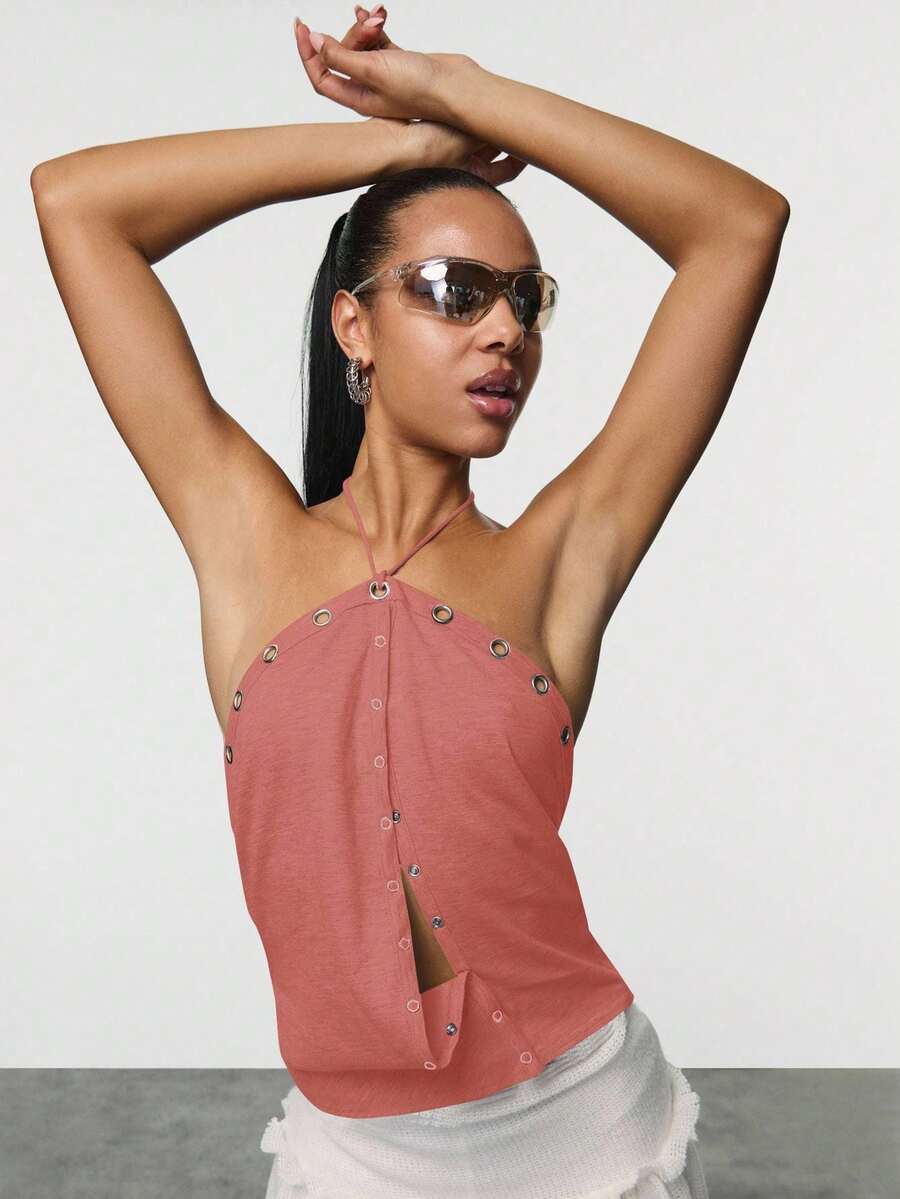 TypaGal Summer Sexy Sweatshirt Material Eyelet Front Button Backless Halter Top