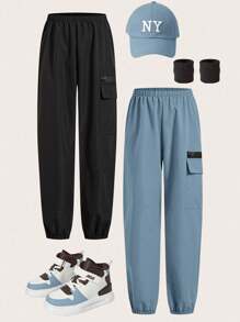 SHEIN 2 件套青少年男童休闲宽松纯色工装裤，带口袋，宽松版型梭织慢跑裤，2 种款式 - 霧霾藍 - 查看 2