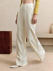 SHEIN LUNE Women's High-Waisted Wide-Leg Hollow-Out Lace Trims Pants, Casual And Versatile, Perfect For Everyday Commuting.Fall, White, And Baggy Pants. - White - View 2